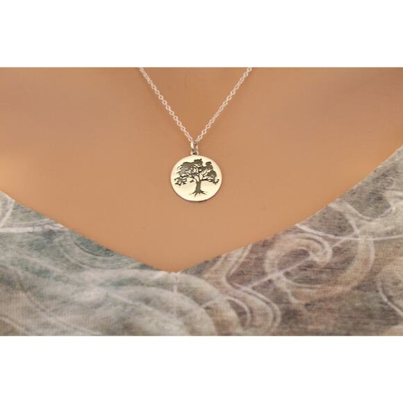 Sterling Silver Etched Oak Tree Charm Necklace, Silver Etched Oak Tree Necklace - Picture 2 of 3